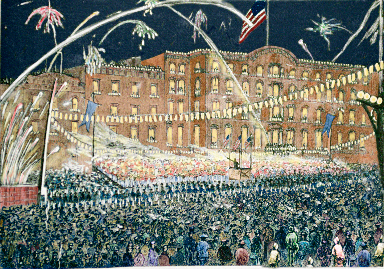 Hand colorired lithograph of Union Square celebration July 4, 1876